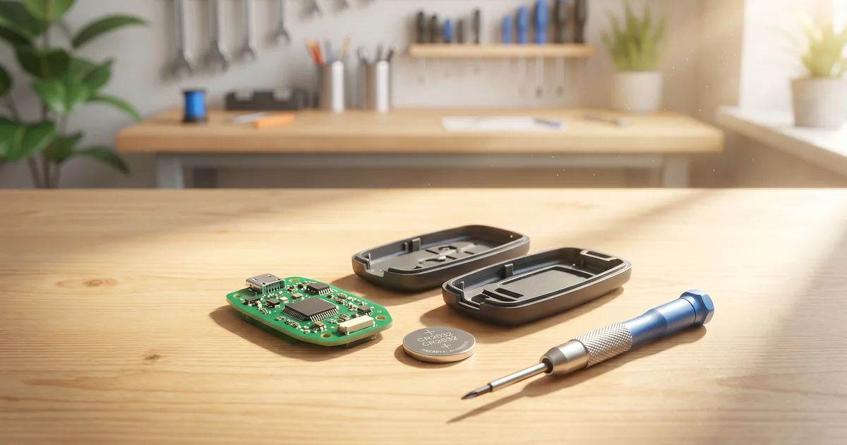 Car key fob being repaired - battery, buttons and case
